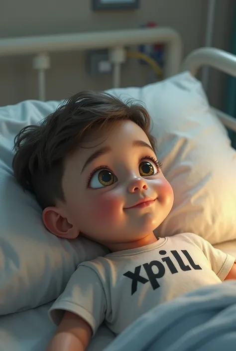 show me a make a wish  with down syndrome in a hospital bed with the shirt saying "xpill"