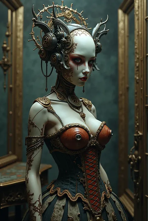 necromechanical female humanoid in broken sisnister doll mask in circus corset, dress room. gothic, clockpunk. fantasy. grunge. warm tones. ray tracing. atmospheric. fine art. cartoon graphic of tim burton style. inexplicable hyperrealism, maximum detail, ...