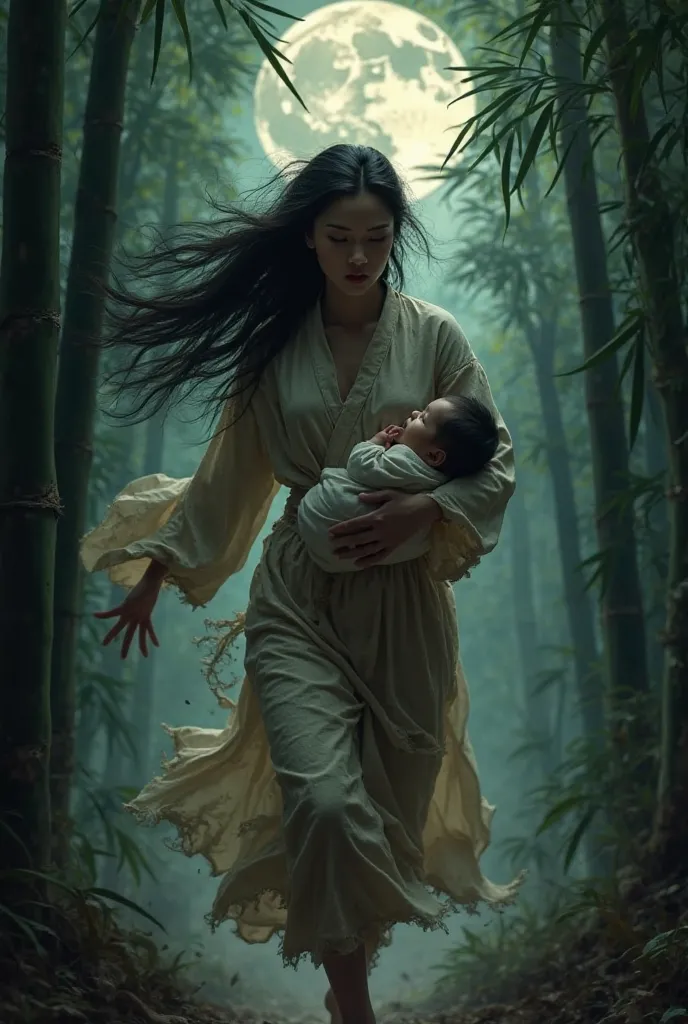 Under the dim glow of the moon, a Chinese woman ran through the dense bamboo forest, her long, dark hair flowing wildly behind her. Her silk robes—once elegant, now torn and dirt-streaked—clung to her as she clutched a newborn baby close to her chest. Her ...