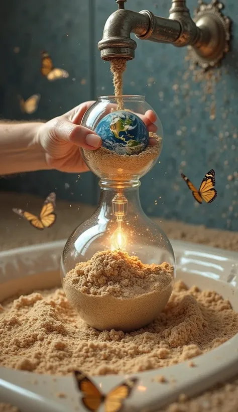 In the foreground is the sink full of sand, There is a hand holding hard a glass full of sand and inside the glass there is a planet Earth in the background and from a faucet where sand comes out, There is a light bulb buried in the sand that shines, There...