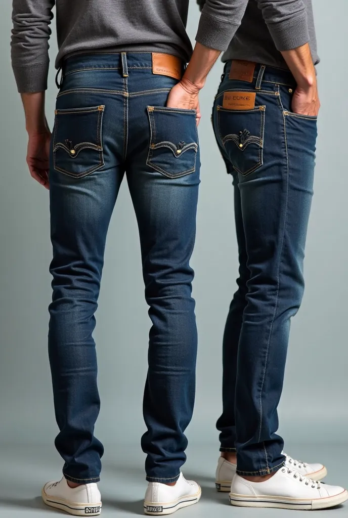 A stylish advertising image showcasing a male model wearing high-quality denim jeans, both front and back views visible. The jeans are dark blue with a slightly slim fit, showcasing subtle details like fine stitching, branded buttons, and a leather logo pa...