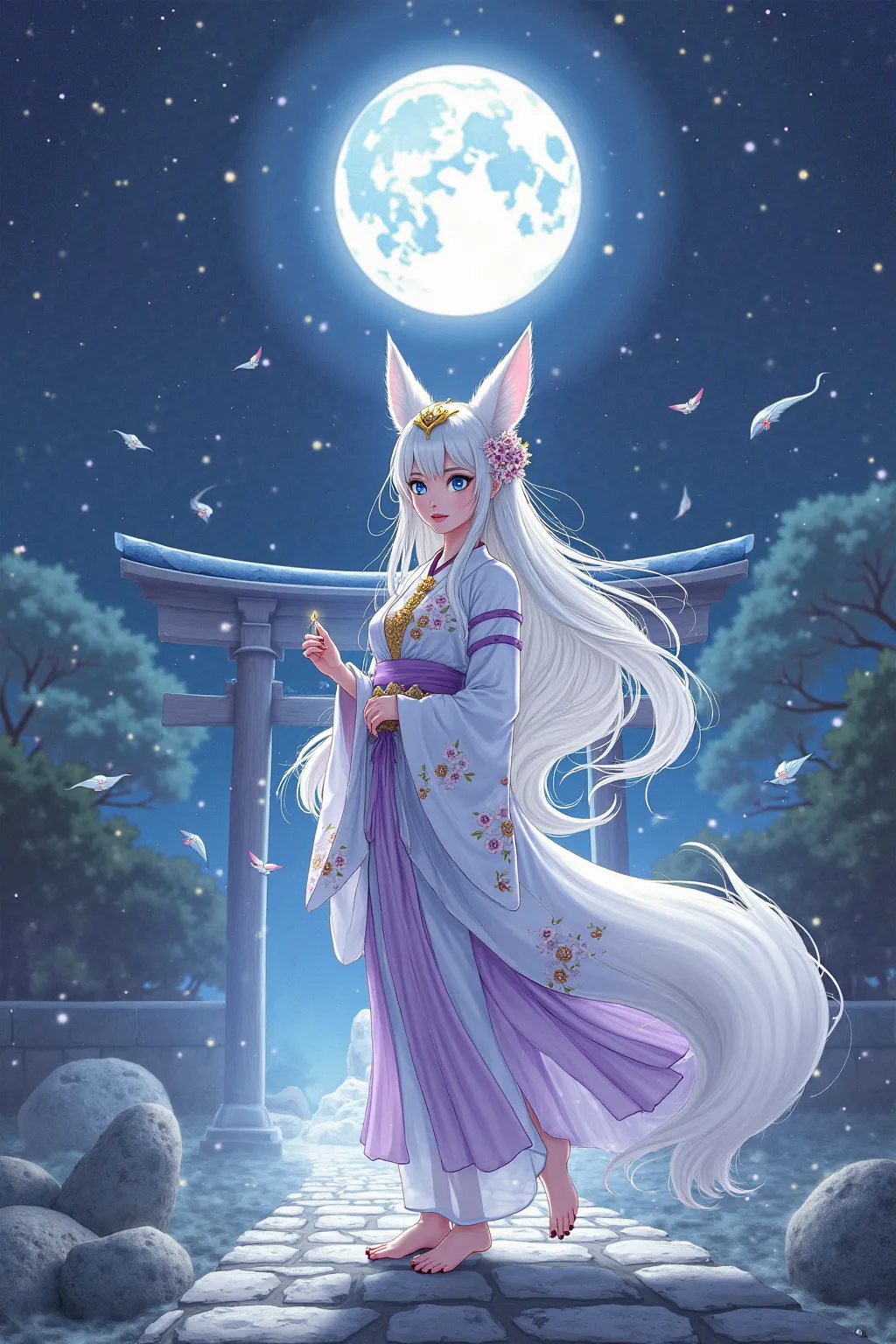 "A mystical kitsune priestess standing in a moonlit shrine, her long, flowing silver-white hair shimmering in the night breeze. She has delicate fox ears that blend seamlessly with her hair, and her piercing blue eyes glow softly with divine energy. She we...