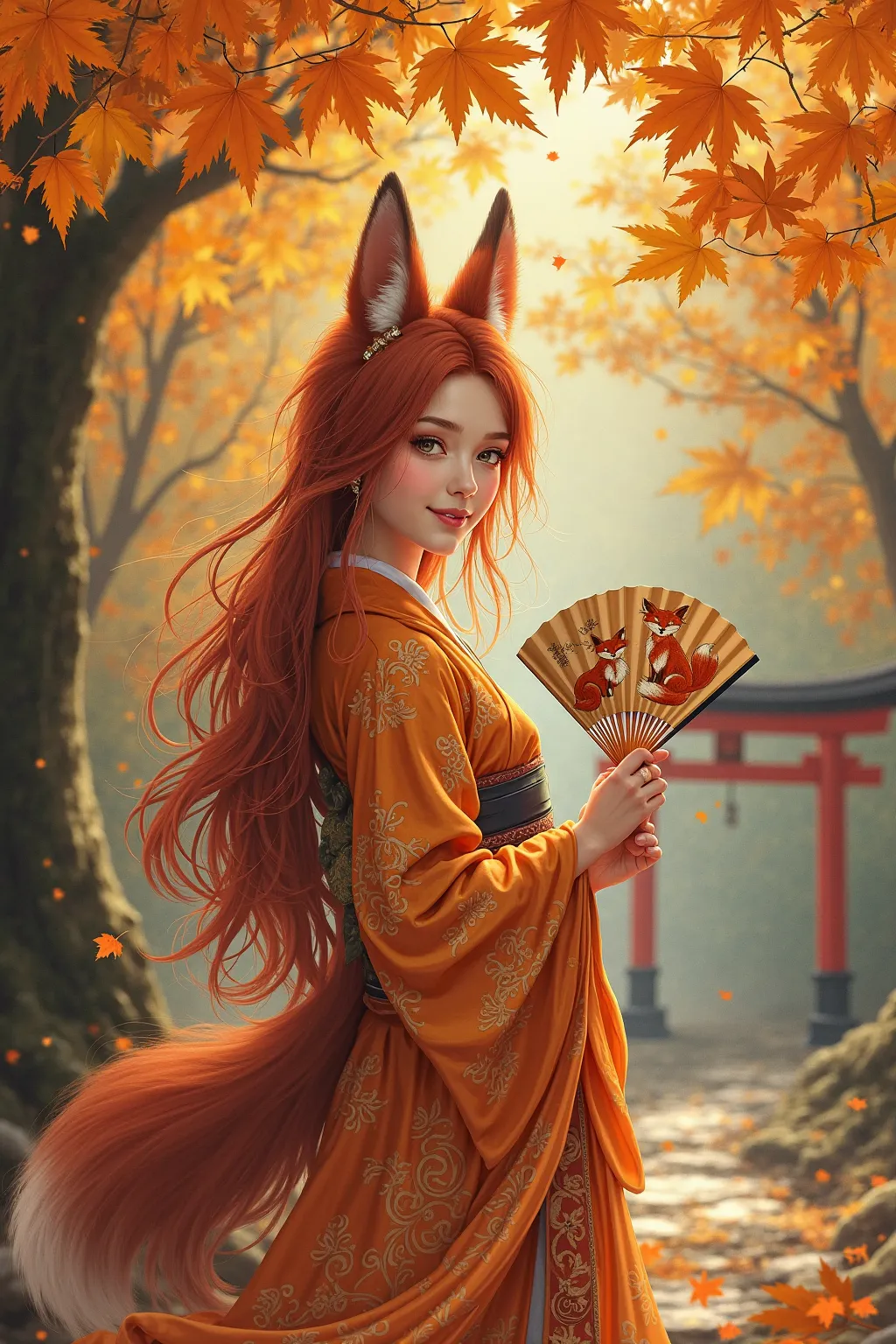 "A graceful kitsune enchantress standing beneath a canopy of golden maple leaves, her long, flowing auburn hair cascading over her shoulders. She has fox ears covered in soft russet fur, blending with her fiery autumnal color palette. Her eyes glow with an...