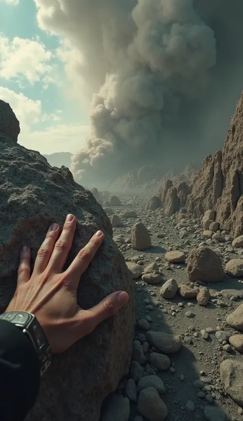 "POV of holding onto a nearby rock for balance as the ground suddenly trembles. Dust rises into the air, and the sky darkens unnaturally. Your hands press against the stone as people cry out in shock."