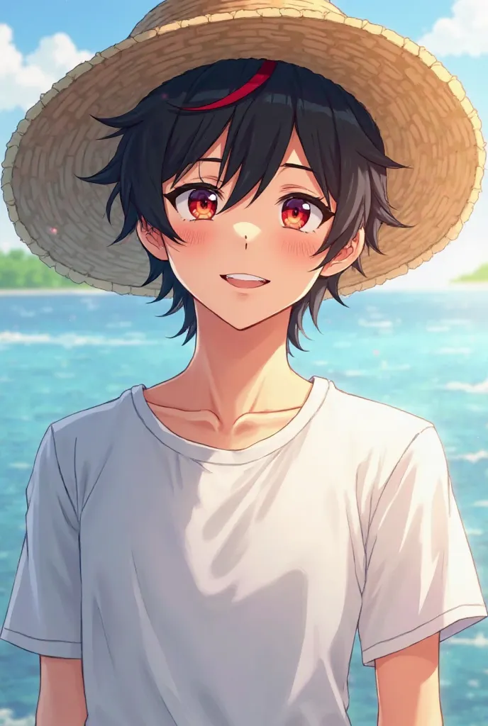 anime boy character, His hair is black with red, wearing a white t-shirt, attractive, handsome, bright eyes,  smiling , tasty, attractive, Beautiful, Delicate facial features , standing still, calm, Elegant look,  energetic , elegance, amazing natural back...