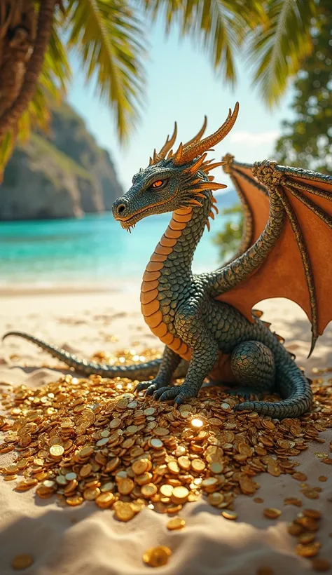 dragon surrounded by gold and silver on a beautiful beach, lots of gold and silver and a cute dragon