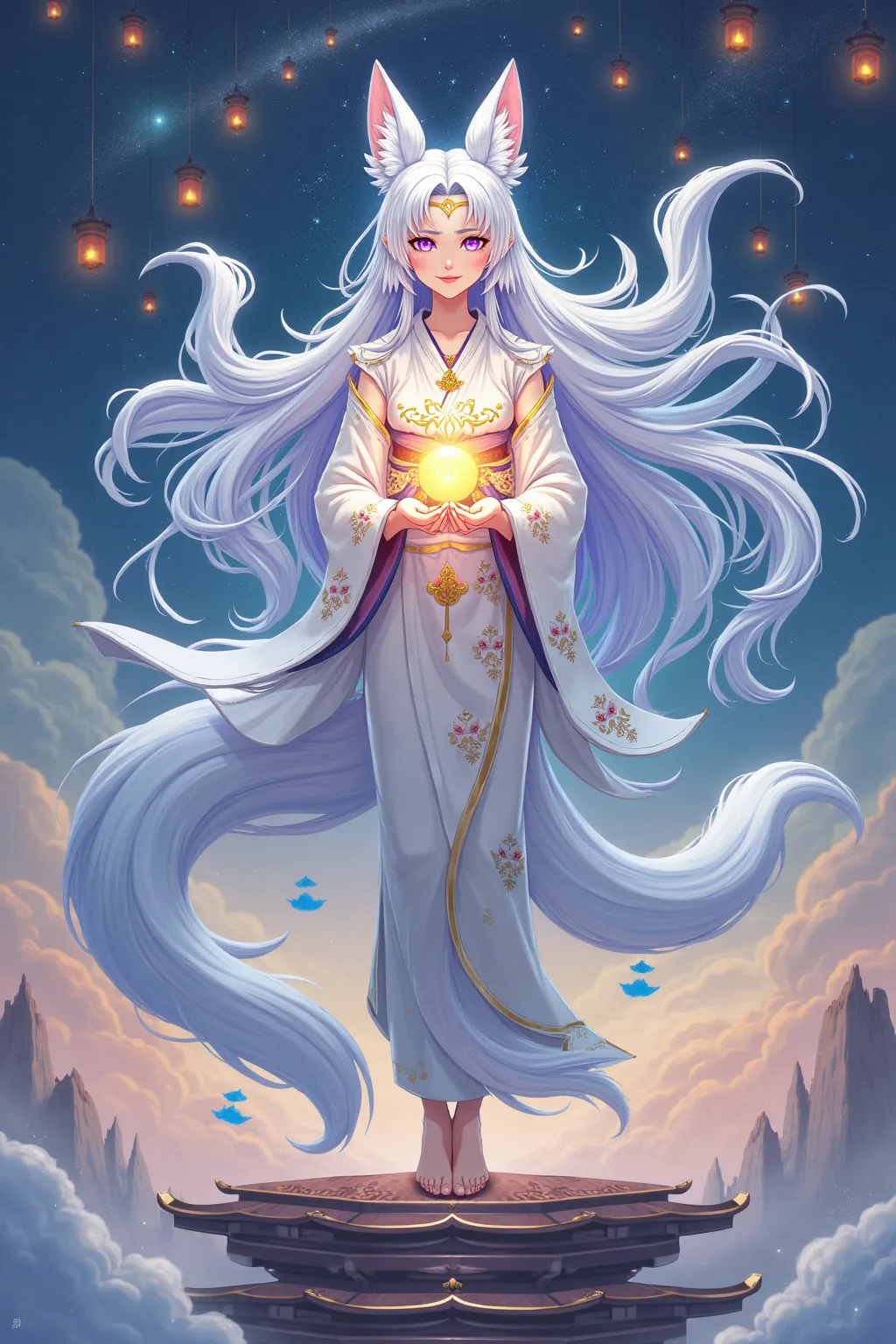 "A celestial kitsune goddess standing atop a floating temple, her nine luminous tails swirling behind her like ribbons of light. Her long, ethereal silver hair sparkles with the radiance of distant stars, and her fox ears shimmer with divine energy. She we...