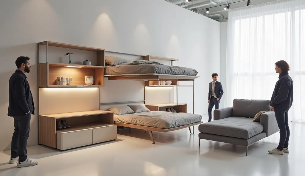 A customer watching a demonstration of a modular piece of furniture, mattress where a shelf converts to a bed. about, a  tests a, while another customer adjusts a sectional sofa.