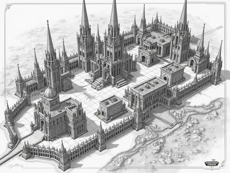 military base layout, floor plan, battlemap, line art, grid, blueprint, planning, architecture, construction plan, warhammer 40k, gothic architecture, including train station