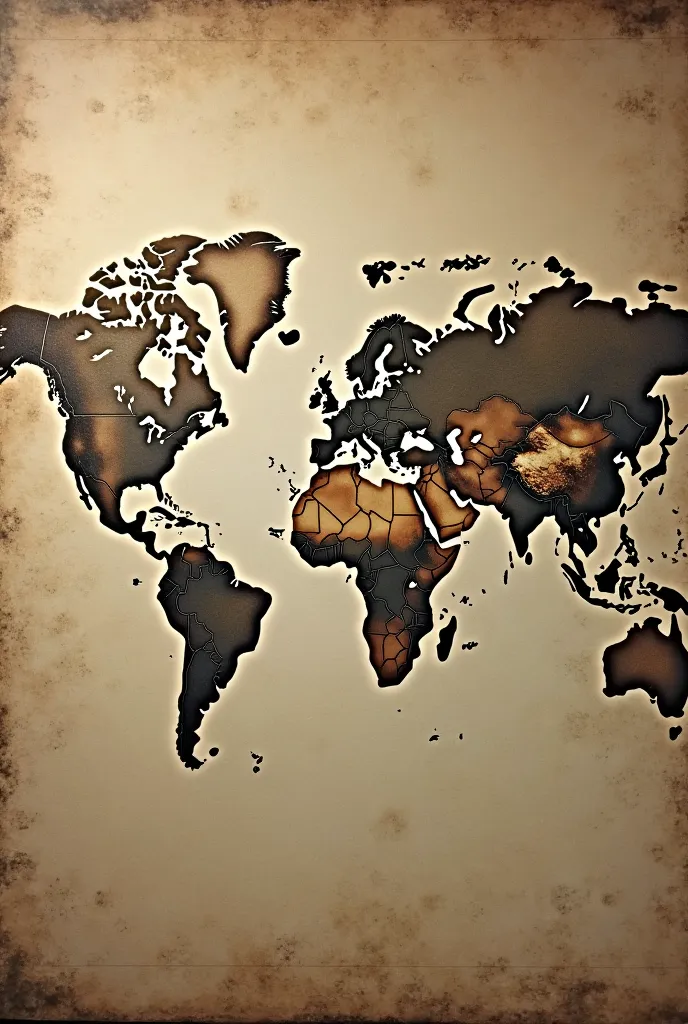 Old world map turned upside down, with the 6 real continents, America, Europe, Africa, Asia, Oceania and Antarctica