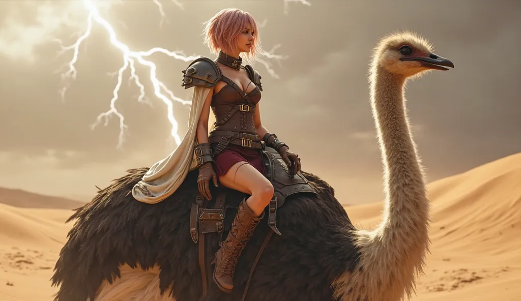 DVD screengrab: Stunning Lightning from the game Final Fantasy XIII, She is riding a huge ostrich, She is dressed in a white sleeveless cape with a high collar, fastened at the neck with a strap, On the right shoulder is a pauldron with metal elements, a t...