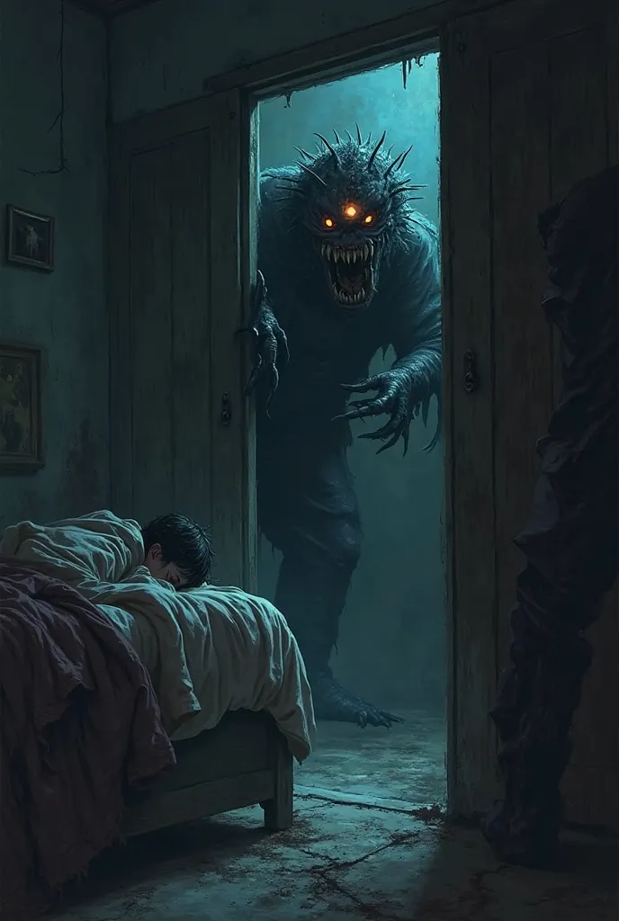 The monster in the closet, scary , horror, spooky, ren bedroom, monster peeking from the closet,  hiding under blanket on bed, dark, night, no light