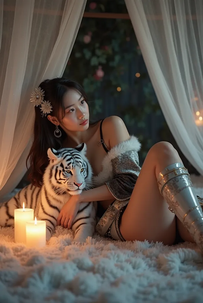  Looked up,Up close,Susana Romantic cold night,young and beautiful Sundanese female knight,elegant dark hair with beautiful silver flower decoration, clean white skin ,ideal perfect body,dense tight chest filled and ideal,Wearing a sexy and slim fit chines...