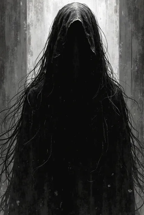 A hidden face horror from a manga cartoon in black and white filter with long hair 