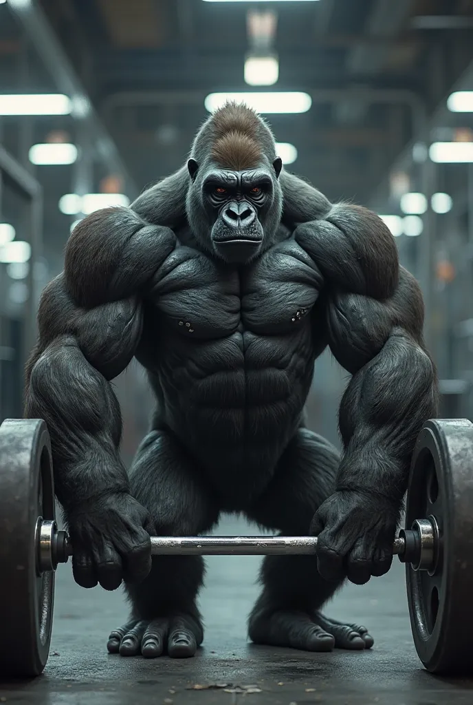 Silverback gorilla in the gym lifting 2000 kilos on bench press