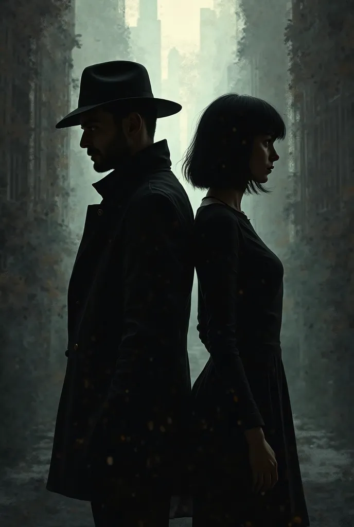 Prepare a book cover for me: a male detective and a woman with a black bob haircut. Only their silhouettes should be visible. They should be standing back to back, and the atmosphere should be dark.
