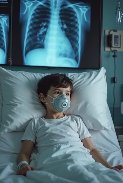 Realistic image of a  black-haired white boy sick in a hospital with a fungal respiratory disease, surrounded by doctors and abnormal chest X-rays the  in bed receiving intravenous medication and wearing an oxygen mask 