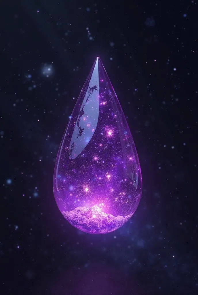 A teardrop-shaped pendant floating in a dark, ethereal background. It is made of deep violet crystal with an iridescent glow, reflecting shades of amethyst and electric purple. Inside, a small core of luminous violet liquid seems to pulse gently, as if it ...