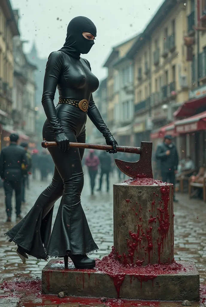 lycra full face balaclava curvy female wear long lycra mermaid bell bottom pants huge belt high platform heels beheading with large bloody axe the male victim lying on the axe block standing opposite to the male victim lying on the axe block on the scaffol...