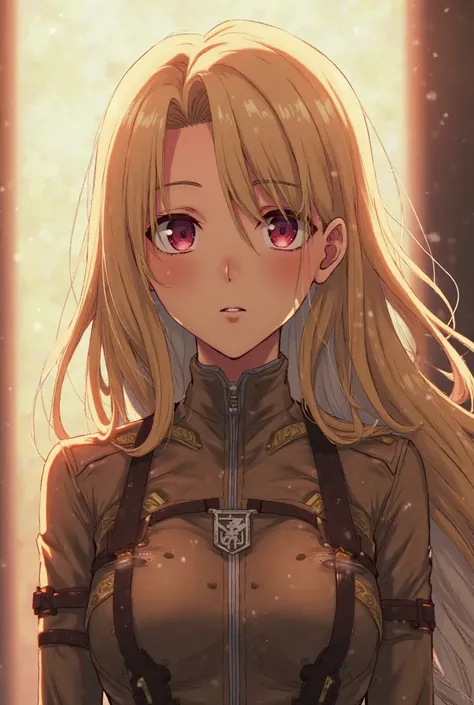 Female character from Shingeki no Kyojin version season 1 by WIT studio ,pale skin, long wavy, faded blond hair, reddish eyes, In the uniform of the Legion of ExplorationMasterpiece,  animated, 