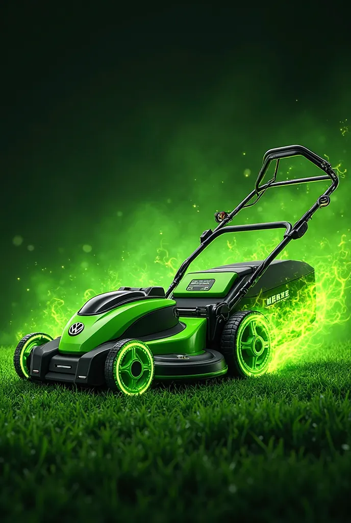 Mower with fluorescent green flames and the Volkswagen logo integrated into the flames 