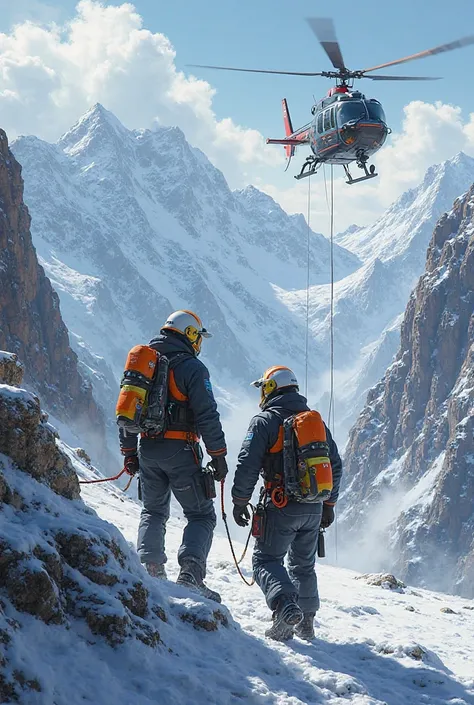 I want a photo of a policeman and a firefighter in a mountain emergency wearing technical and tactical clothing making a rescue with a helicopter 