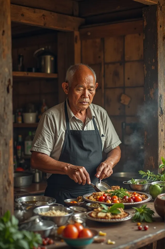 45 years old malay bald man,cooking at wooden house,