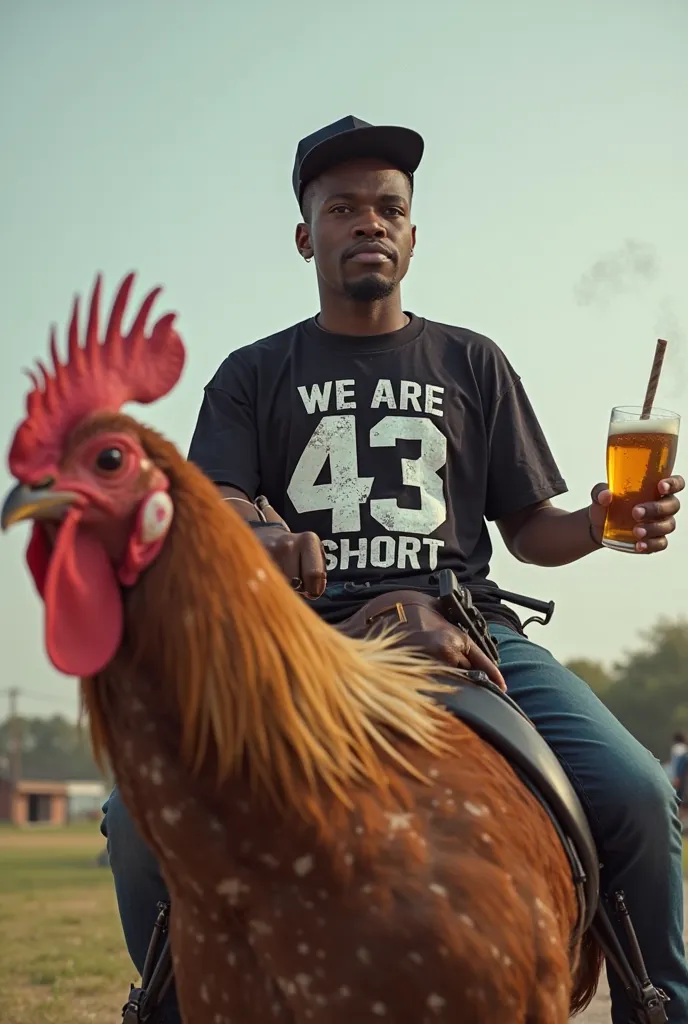 generates a photo of an African-American person with Down syndrome who has a t-shirt that explicitly says “we are 43 short”, and has a beer in one of his hands, riding a rooster with guns on his sides, And a cigarette in the peak