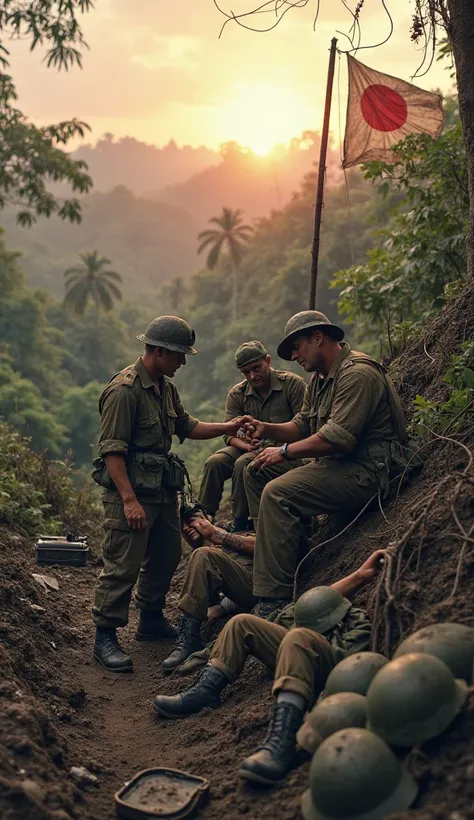 Weary U.S. Marines in tattered uniforms stand atop a captured Japanese bunker on Guadalcanal, their faces smudged with dirt and exhaustion. Behind them, the jungle is scarred by shell craters, burnt palm trees, and tangled barbed wire. A medic tends to a b...