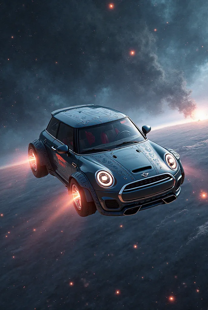 Transform a Mini Cooper car into a space rocket flying through that space
