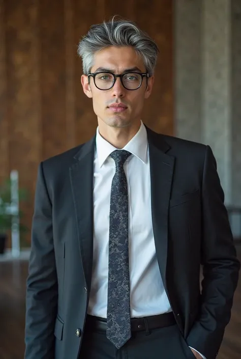 A young guy with gray hair and glasses in a business suit 