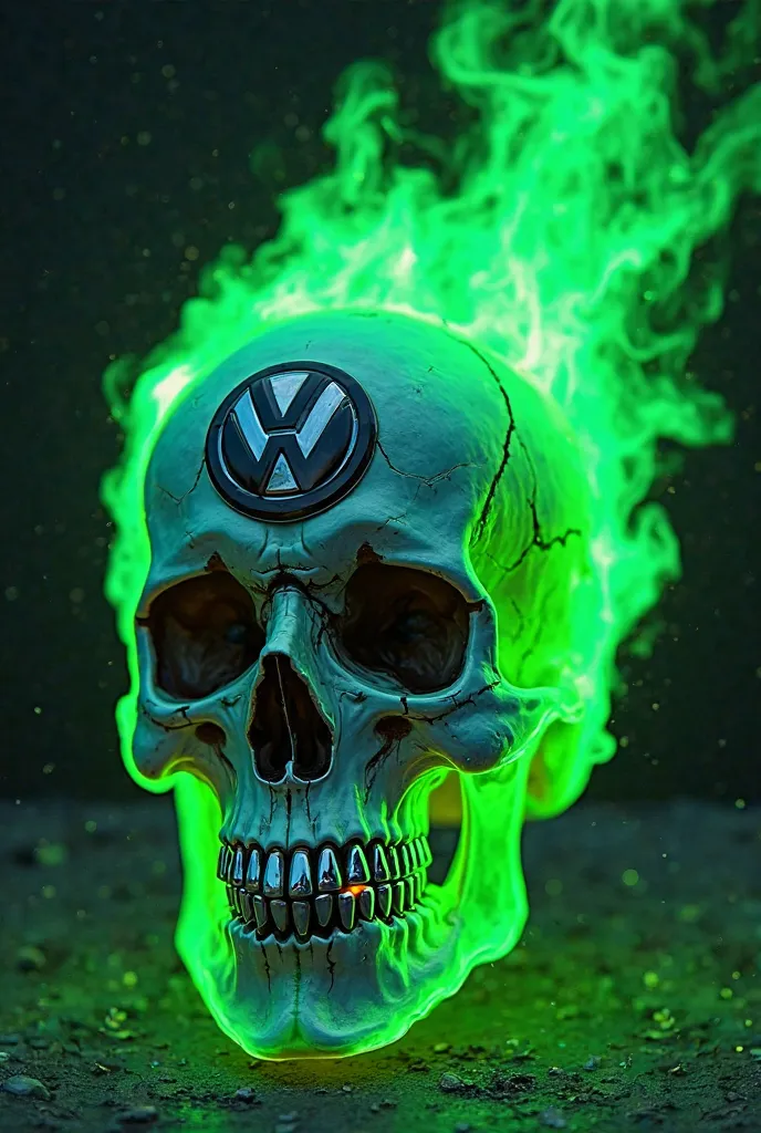 A skull with fluorescent green flames and the Volkswagen logo integrated into the cartoon effect flames 