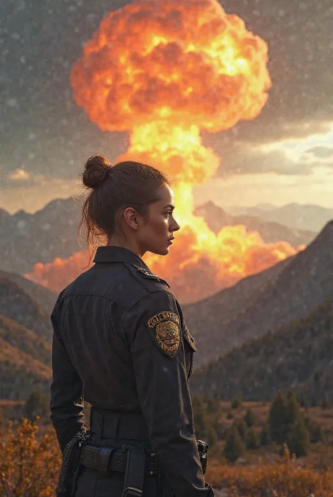 Art where a police girl goes in Montana, and a nuclear bomb explodes from behind 