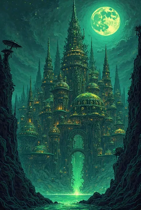 a big fantasy atlantis city night scenery, with green details, above the water, a moon in the skies, in draw style