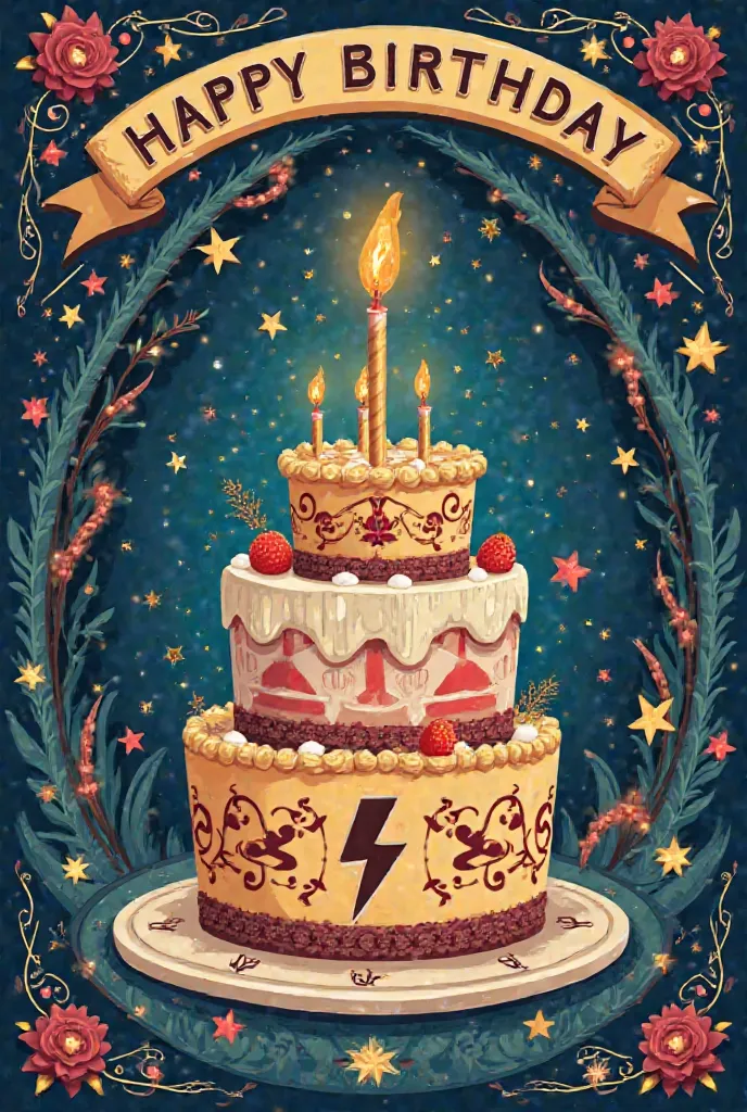 I want a birthday card that is easy to draw and contains the Harry Potter cake for his birthday, the magic wand of Harmayani and more motifs from the Harry Potter series