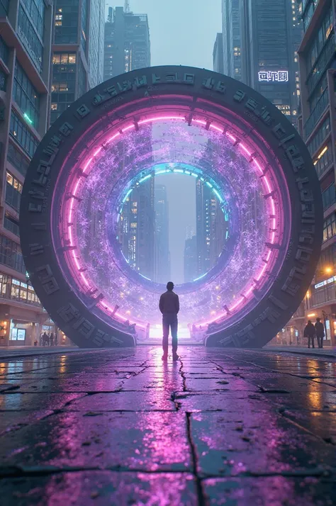 "A round, glowing dimensional portal stands in the heart of a futuristic city, surrounded by sleek skyscrapers and neon-lit streets. The portal is perfectly circular, with radiant light spilling from its center in hues of purple, blue, and green. The light...