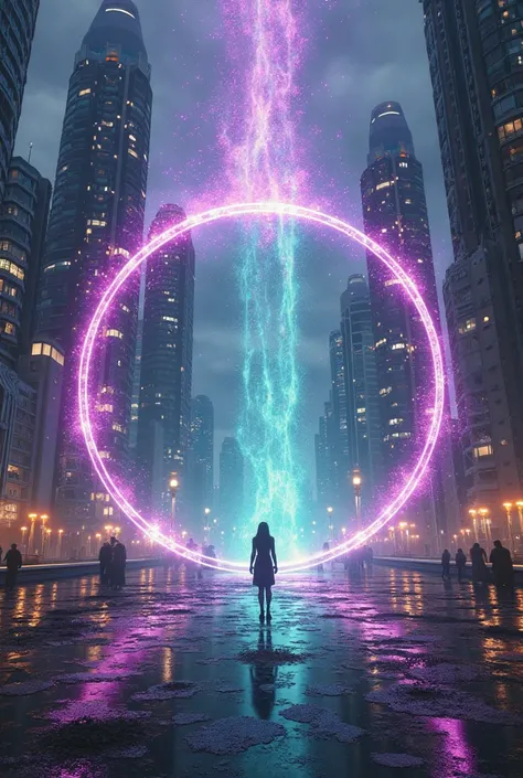 "A round, glowing dimensional portal stands in the heart of a futuristic city, surrounded by sleek skyscrapers and neon-lit streets. The portal is perfectly circular, with radiant light spilling from its center in hues of purple, blue, and green. The light...