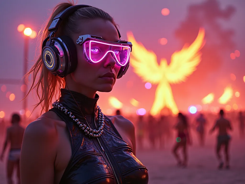 **"An incredibly sensual and powerful DJ in the middle of Burning Man, with a sculptural body and tight futuristic leather and neon clothing. Her eyes shine brightly under a digital display, and her high-tech headphones reflect the explosive lights around....