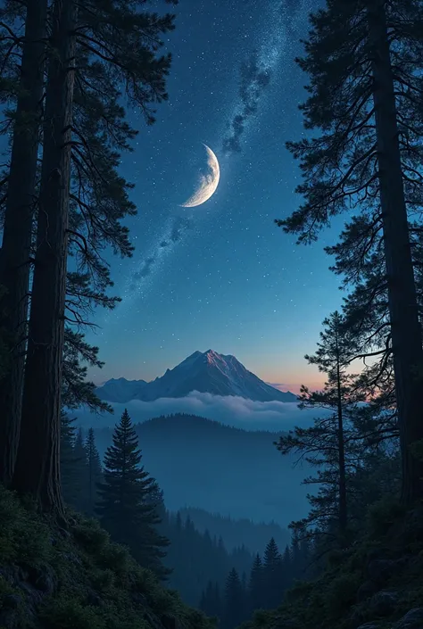 Create a photorealistic image of a breathtaking scene: a crescent moon and a multitude of stars shining brightly in a clear night sky, as viewed through the dense foliage of an ancient forest atop a majestic mountain. The scene should evoke a sense of tran...