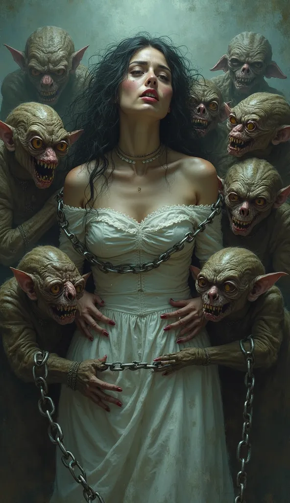 A beautiful woman has been chained, and 7 goblins out there, panicked woman, goblins are banging her