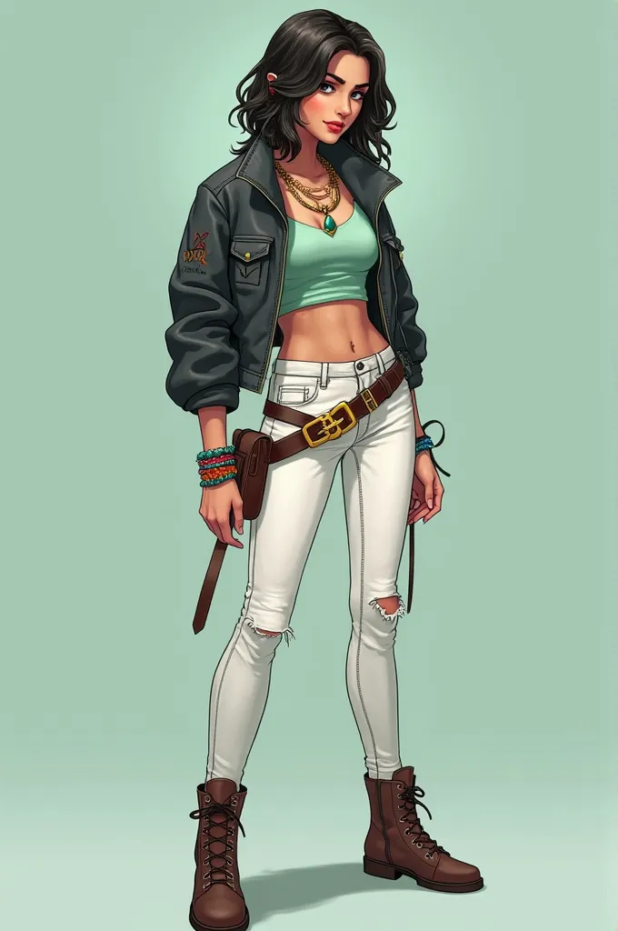 Instead of her old outfit, pants were connected, Emerald now wore a completely different outfit,: story: a mint green crop top with sleeves tucked back under a short white quilted leather jacket contrasting with black lapels with matching cuffs, along with...