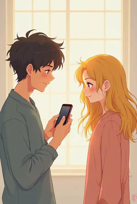 A young man and a girl with yellow hair and an anime picture are both in a separate room and talking on a mobile phone