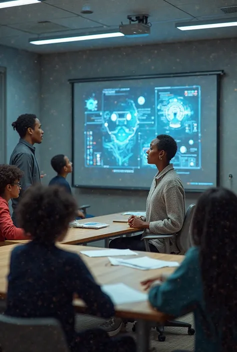 "A futuristic classroom where traditional teaching elements seamlessly blend with holographic AI interfaces. A diverse group of students actively engage with both a human teacher and AI-powered learning tools. The scene should convey a sense of innovation,...