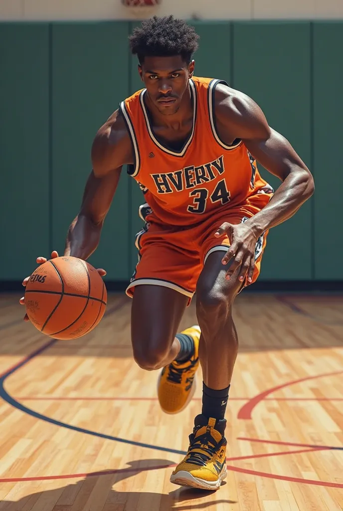 Jeune talent de basketball noir avec une balle de basketball en main qui s'entraine