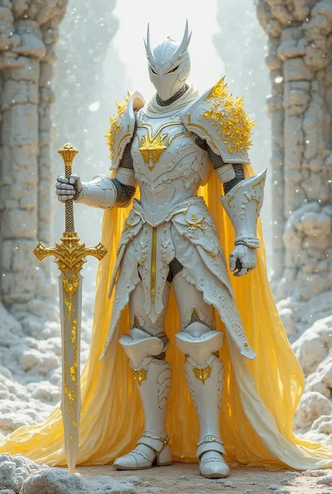 Palladine in white armor with yellow crystals , with a white metal sword and a yellow handle