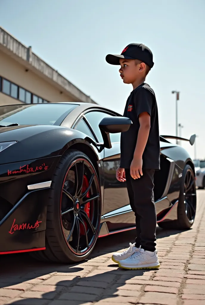 Black lamborghini aventador SVJ written Pistero on the sides with red colour and a young South African boy wearing white nike tn and nike pant with black nike cap and nike shirt next to it on a sunny Sunday 