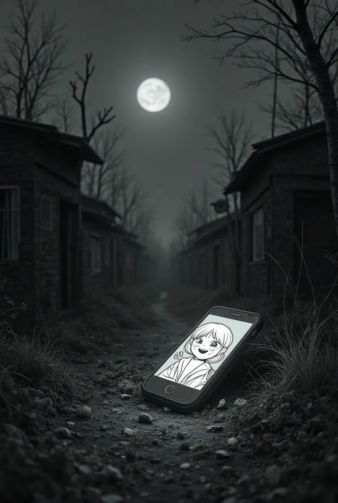 Telephone fallen to the ground with a screen filled with a figure with a smiling face in cartoon manga In black and white filters in an abandoned village At midnight sharp 