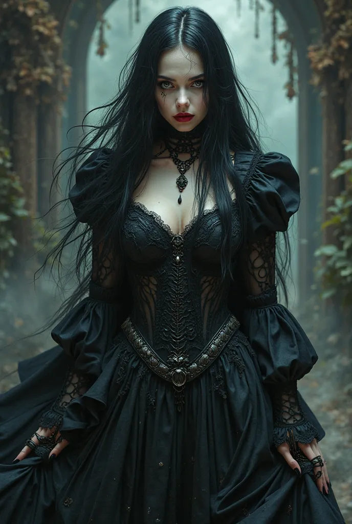 A goth female character, gorgeous, dark fantasy costume, full body, in dark fantasy fraw style