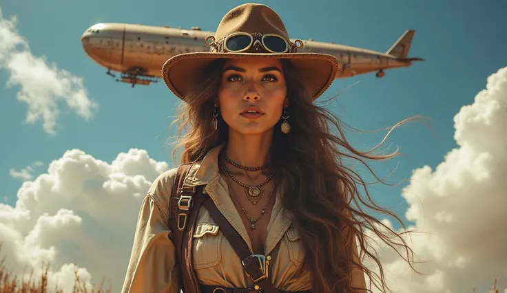  steampunk, brown-haired woman in full length, with long hair, adventurer, against the background of an airship in the sky, к кадре множество елементов  steampunkа, [all shades around are blue, orange and brown].