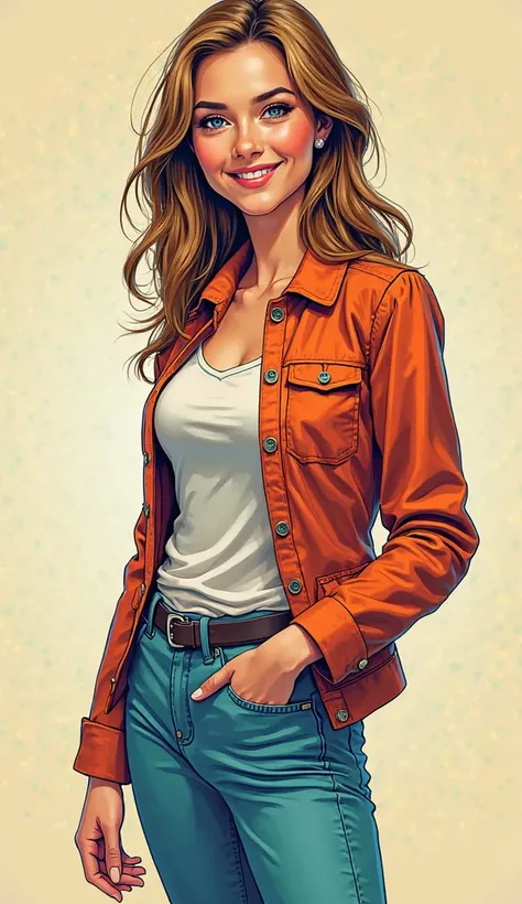 DISCREET image. with discreet casual clothes. image adult woman, american, JUST comic book style. with a smile. IMAGES WITH VIBRANT COLORS. half body. a place with light colors